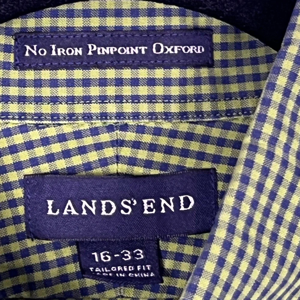 Lands' End Button Down Mens 16-33 Green Gingham No Iron Pinpoint Oxford